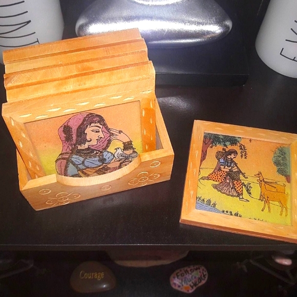 7 Piece Coaster Set Wood Glass Top With Holder Boho Gypsy Goddess RARE - Picture 4 of 9